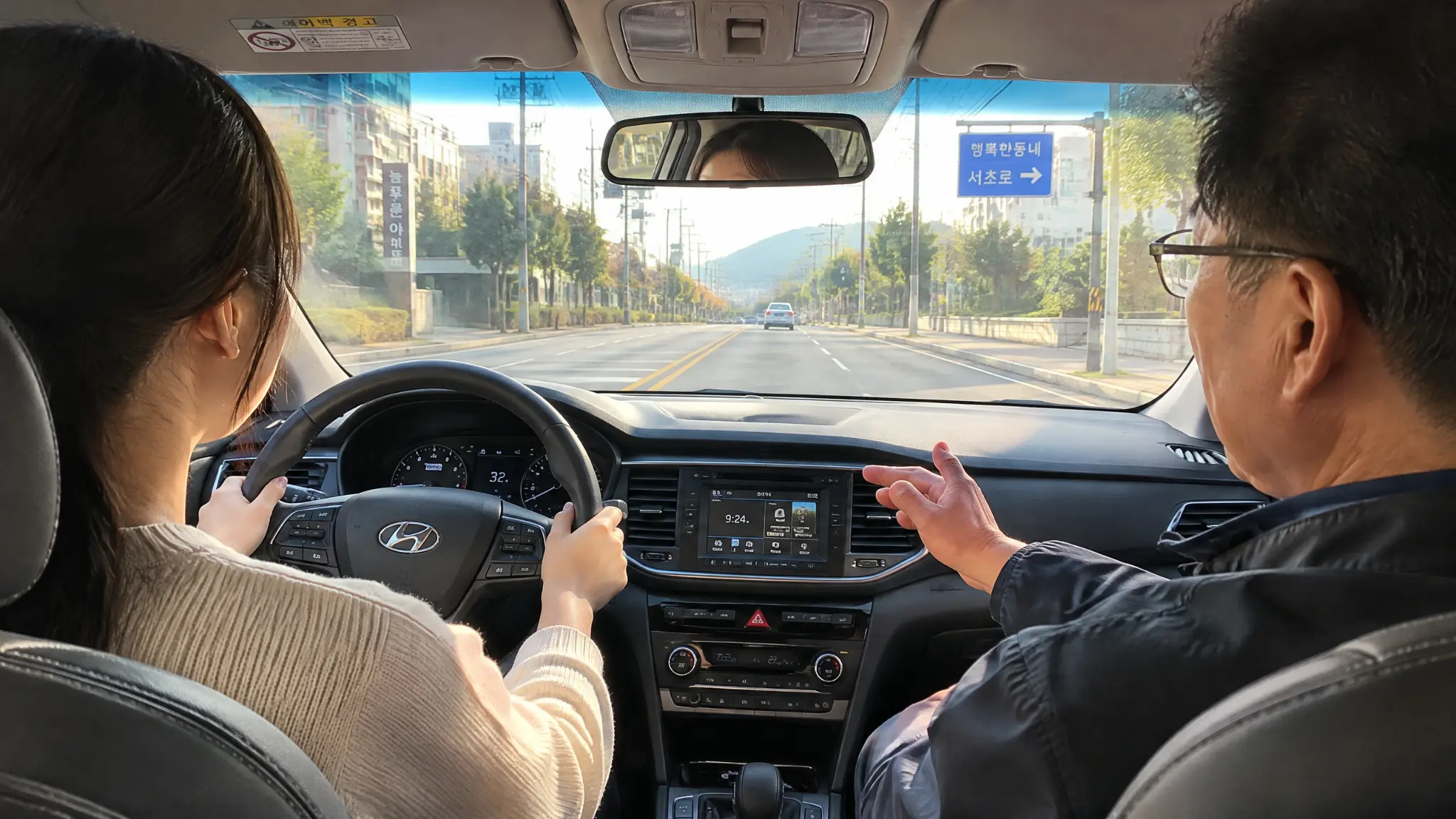 단기 속성 연수와 정규 코스 선택을 위해 운전석 핸들을 잡고 주행 자세를 점검하는 초보 운전자